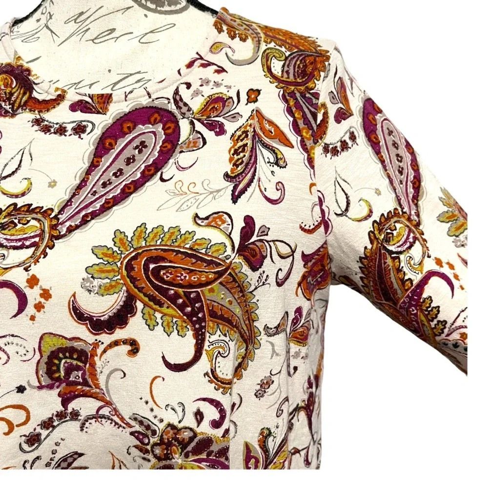 J. Jill Women Top M Petite Cream Paisley Long Sleeve Knit Tulip Back Boho Earthy - Picture 7 of 8